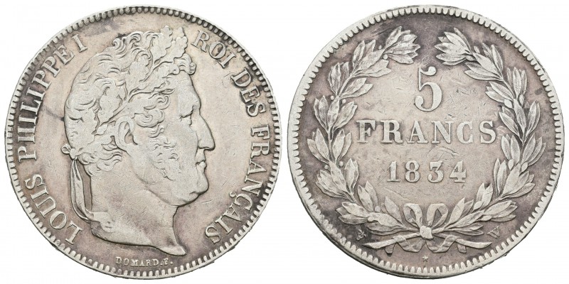 Francia. Louis Philippe I. 5 francos. 1834. Lille. W. (Km-749.13). (Gad-678). Ag...