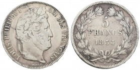 Francia. Louis Philippe I. 5 francos. 1834. Lille. W. (Km-749.13). (Gad-678). Ag. 24,71 g. BC+. Est...25,00.