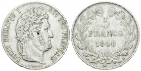 Francia. Louis Philippe I. 5 francos. 1846. París. A. (Km-749.1). Ag. 24,68 g. Golpecito en el anverso. MBC-. Est...18,00.
