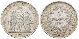 Francia. II República. 5 francos. 1849. París. A. (Km-756.1). (Gad-683). Ag. 24,93 g. Restos de brillo original. MBC+. Est...45,00.