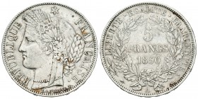 Francia. II República. 5 francos. 1850. París. A. (Km-761.1). (Gad-719). Ag. 24,90 g. MBC+. Est...90,00.
