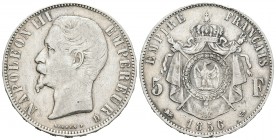 Francia. Napoleón III. 5 francos. 1856. Lyon. D. (Km-782.3). (Gad-734). Ag. 24,95 g. Golpecito en el canto. MBC-/MBC. Est...80,00.