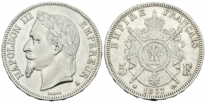 Francia. Napoleón III. 5 francos. 1867. París. A. (Km-799.1). Ag. 24,83 g. Limpi...