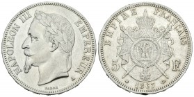 Francia. Napoleón III. 5 francos. 1867. París. A. (Km-799.1). Ag. 24,83 g. Limpiada. MBC-. Est...15,00.