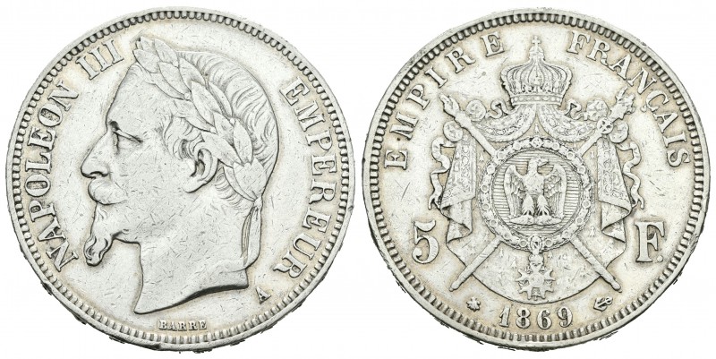 Francia. Napoleón III. 5 francos. 1869. París. A. (Km-799.1). Ag. 24,83 g. BC+/M...