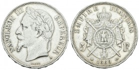 Francia. Napoleón III. 5 francos. 1869. París. A. (Km-799.1). Ag. 24,83 g. BC+/MBC-. Est...15,00.