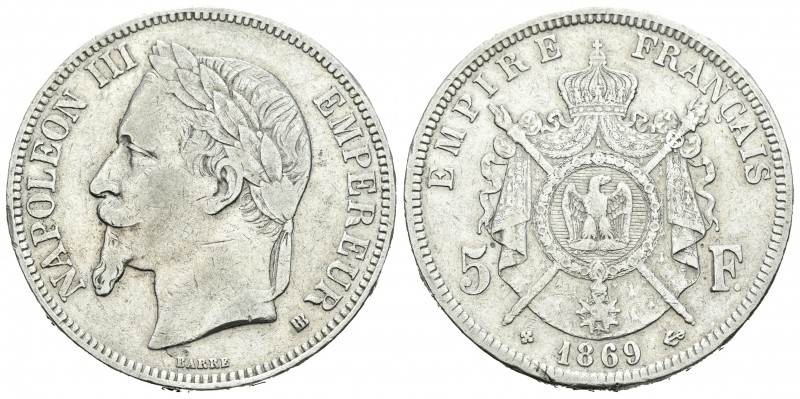 Francia. Napoleón III. 5 francos. 1869. Estrasburgo. BB. (Km-799.2). Ag. 24,86 g...