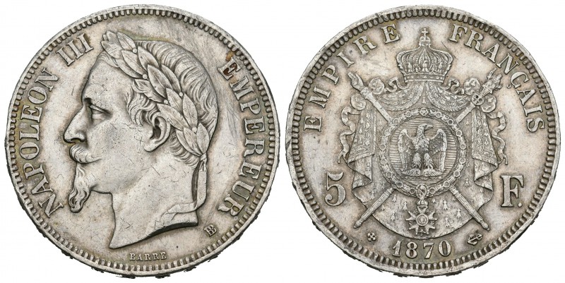 Francia. Napoleón III. 5 francos. 1870. Estrasburgo. BB. (Km-799.2). (Gad-739). ...