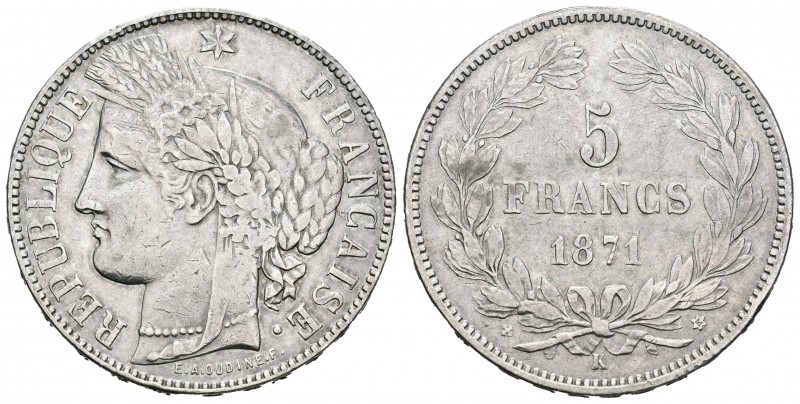 Francia. III República. 5 francos. 1871. Burdeos. K. (Km-332.8). (Gad-742). Ag. ...