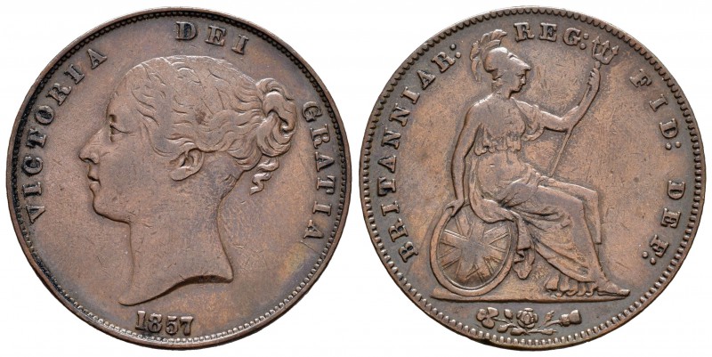 Gran Bretaña. Victoria. 1 penny. 1857. (Km-739). (S-3949). Ae. 18,16 g. Golpecit...