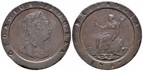 Gran Bretaña. George III. 2 pence. 1797. (Km-1797). Ae. 56,83 g. Golpes en canto. MBC+. Est...90,00.