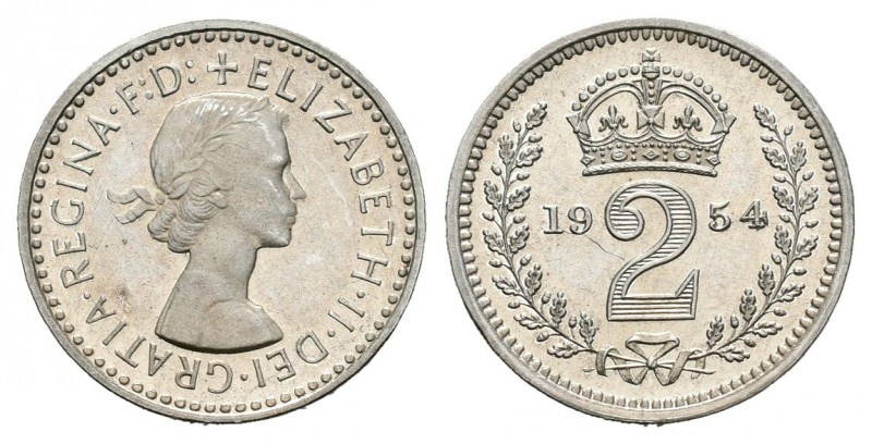 Gran Bretaña. Elizabeth II. 2 pence. 1954. (Km-899). Ag. 0,95 g. Brillo original...