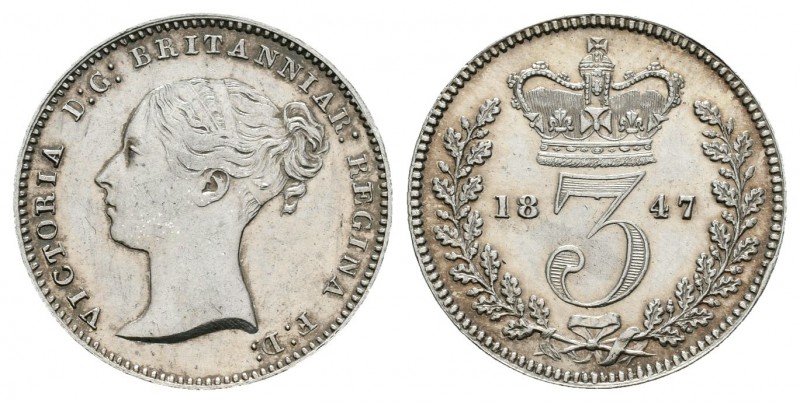 Gran Bretaña. Victoria. 3 pence. 1847. (Km-730). Ag. 1,41 g. Brillo original. Ra...