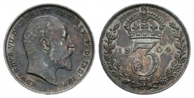 Gran Bretaña. Edward VII. 3 pence. 1904. (Km-797.2). Ag. 1,42 g. Bonita pátina. SC-. Est...120,00.