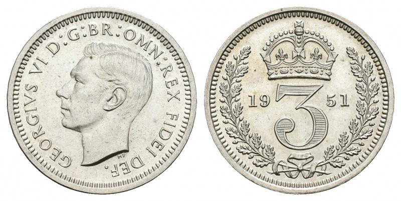 Gran Bretaña. George VI. 3 pence. 1951. (Km-872). Ag. 1,41 g. Brillo original. S...