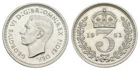 Gran Bretaña. George VI. 3 pence. 1951. (Km-872). Ag. 1,41 g. Brillo original. SC. Est...90,00.