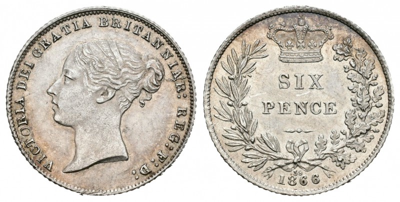 Gran Bretaña. Victoria. 6 pence. 1866 (39). (Km-733.2). (S-3909). Ag. 2,84 g. Br...