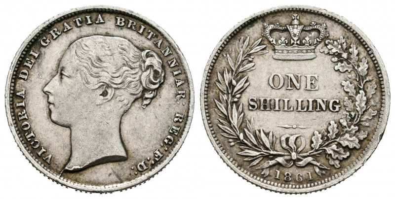 Gran Bretaña. Victoria. 1 shilling. 1861. (Km-734.1). Ag. 5,66 g. MBC+. Est...40...