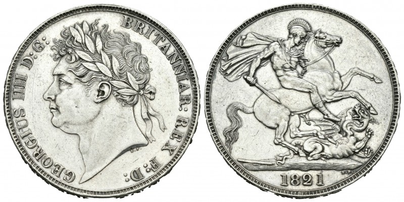 Gran Bretaña. George IV. 1 corona. 1821. (Km-680.1). (Dav-104). Ag. 28,14 g. SEG...
