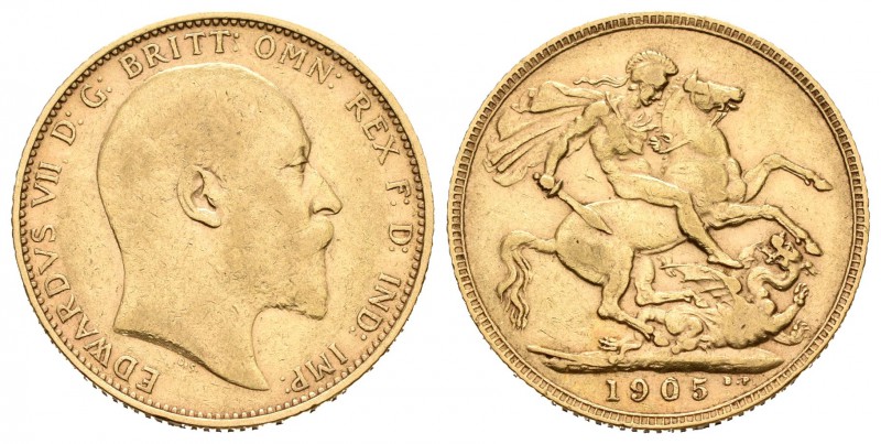 Gran Bretaña. Edward VII. Sovereign. 1905. (Km-805). Au. 7,96 g. MBC+. Est...220...