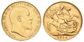 Gran Bretaña. Edward VII. Sovereign. 1910. (Km-805). Au. 7,95 g. MBC+/EBC-. Est...210,00.