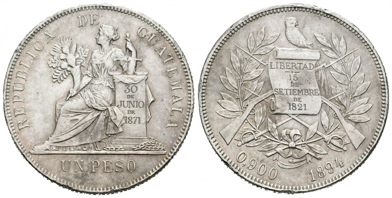 Guatemala. 1 peso. 1894. (Km-210). Ag. 24,82 g. Golpecitos en canto. EBC. Est......