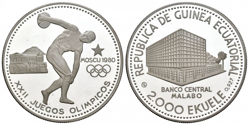 Guinea Ecuatorial. 2000 ekuele. 1979. (Km-37). Ag. 31,15 g. Discóbolo, Olimpiada...