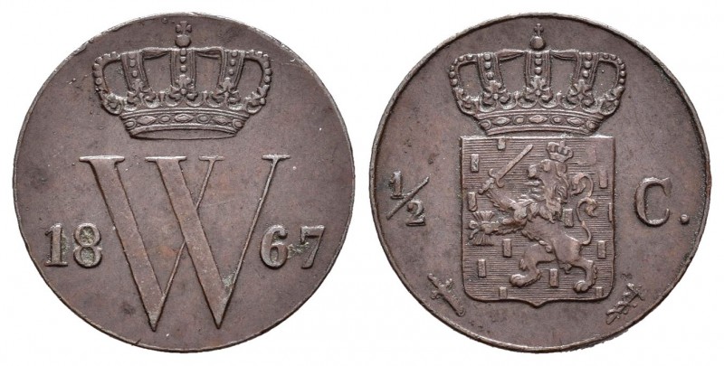 Holanda. Wilhelm III. 1/2 cent. 1867. (Km-90). Ae. 1,89 g. MBC+. Est...30,00.