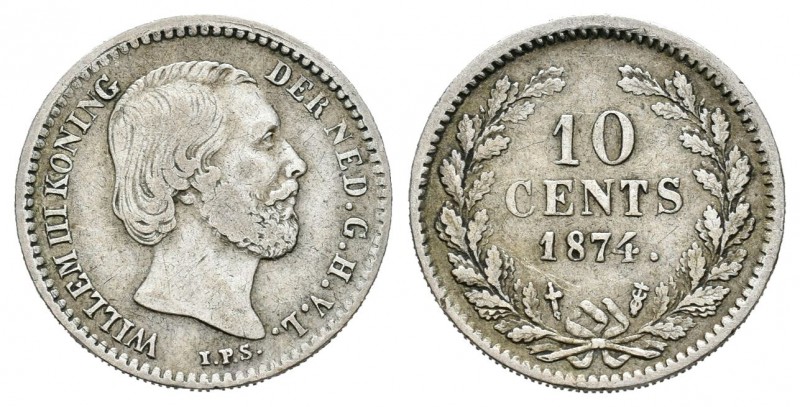Holanda. Wilhelm III. 10 cents. 1874. Utrecht. (Km-80). Ag. 1,39 g. Con espada. ...