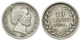 Holanda. Wilhelm III. 10 cents. 1874. Utrecht. (Km-80). Ag. 1,39 g. Con espada. Escasa. MBC-. Est...110,00.