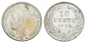 Holanda. Wilhelmina II. 10 cents. 1901. (Km-119). Ag. 1,43 g. Manchas. Escasa. MBC+. Est...50,00.
