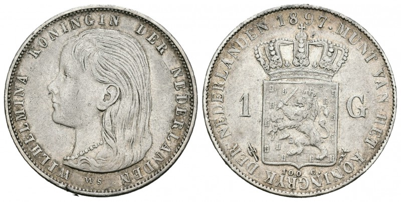 Holanda. Wilhelmina. 1 gulden. 1897. (Km-117). Ag. 10,00 g. Golpecito en canto. ...