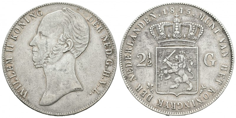 Holanda. Wilhelm II. 2 1/2 gulden. 1845. (Km-69.2). Ag. 24,74 g. Escasa. MBC+. E...