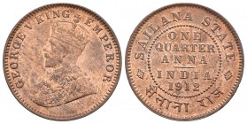 India. George V. 1/4 anna. 1912. Sailana. (Km-16). Ae. 4,79 g. Brillo original. Escasa. EBC+. Est...70,00.