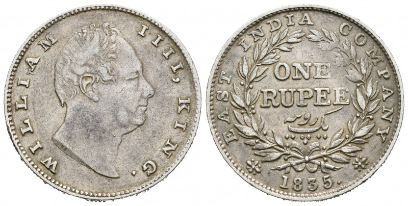 India Británica. William IV. 1 rupia. 1835. Calcuta. (Km-450.7). Rev.: RS . Ag. ...
