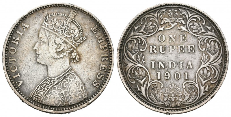 India Británica. Victoria. 1 rupia. 1901. (Km-492). Ag. 11,59 g. Golpecitos. MBC...