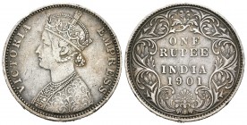 India Británica. Victoria. 1 rupia. 1901. (Km-492). Ag. 11,59 g. Golpecitos. MBC. Est...30,00.