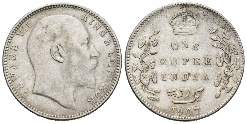 India Británica. Edward VII. 1 rupia. 1907. (Km-508). Ag. 11,69 g. Limpiada. MBC...
