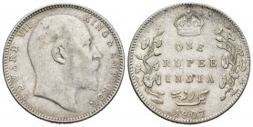 India Británica. Edward VII. 1 rupia. 1907. (Km-508). Ag. 11,69 g. Limpiada. MBC-. Est...15,00.