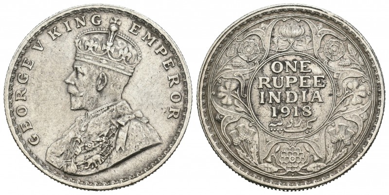 India Británica. George V. 1 rupia. 1918. (Km-524). Ag. 11,60 g. MBC+. Est...18,...