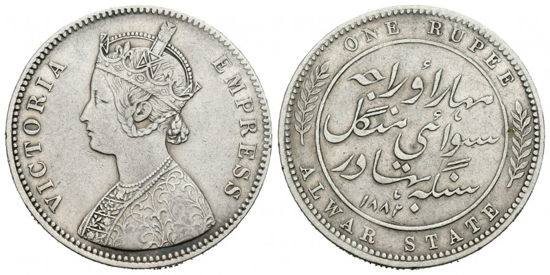 India. Estado de Alwar. Victoria. 1 rupia. 1882. (Km-45). 11,56 g. Escasa. MBC+....