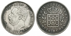 India Portuguesa. Luis I. 1/2 rupia. 1881. (Km-311). Ag. 5,76 g. MBC-. Est...45,00.