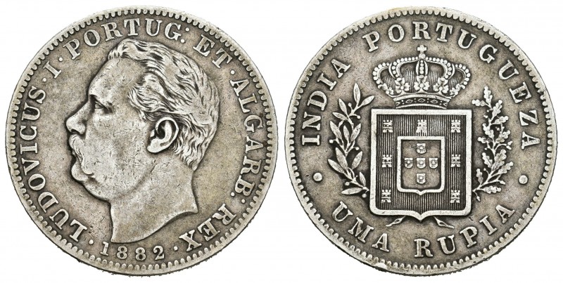 India Portuguesa. Luis I. 1 rupia. 1882. (Km-312). Ag. 11,49 g. BC+/MBC-. Est......