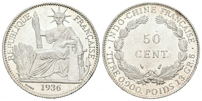 Indochina Francesa. 50 céntimos. 1936. (Km-4a.2). Ae. 13,48 g. Pleno brillo orig...