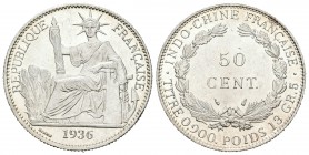 Indochina Francesa. 50 céntimos. 1936. (Km-4a.2). Ae. 13,48 g. Pleno brillo original. SC-. Est...90,00.