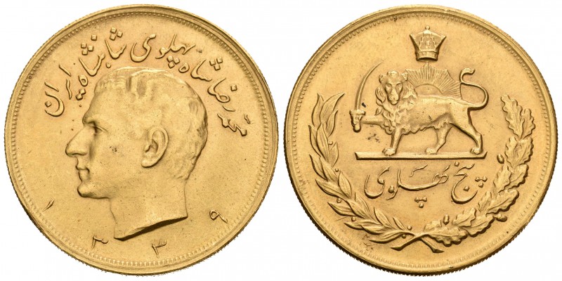Irán. Muhammad Reza Pahlevi. 5 pahlevi. 1339 H (1960). (Km-1164). Au. 40,65 g. E...
