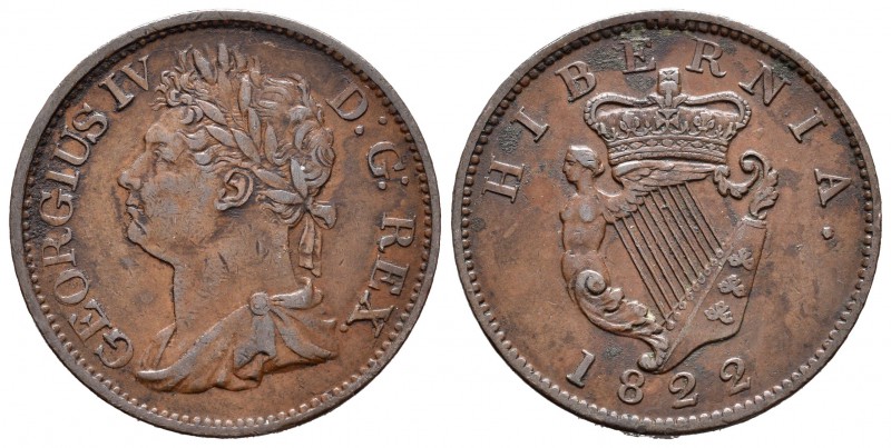 Irlanda. George IV. 1/2 penny. 1822. (Km-150). Ae. 8,69 g. MBC+. Est...35,00.