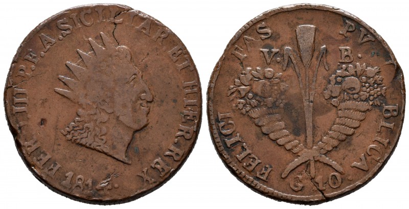 Italia. Nápoles y Sicilia. Ferdinando III. 10 grani. 1814. VB. (Km-251). Ae. 28,...