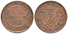 Italia. Carlo Felice. 5 centesimi. 1826. Génova. MV-P. (Km-127.1). (Pagani-126). (Mont-130). Ae. 10,09 g. EBC. Est...125,00.