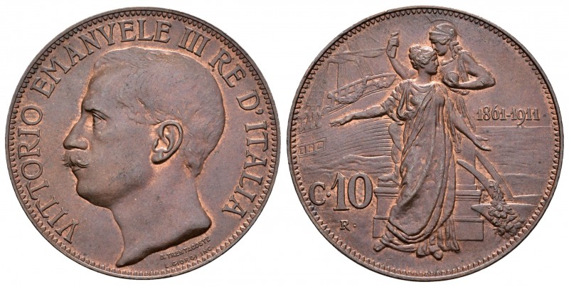Italia. Victorio Emanuele III. 10 céntimos. 1911. (Km-51). Ae. 10,07 g. Restos d...